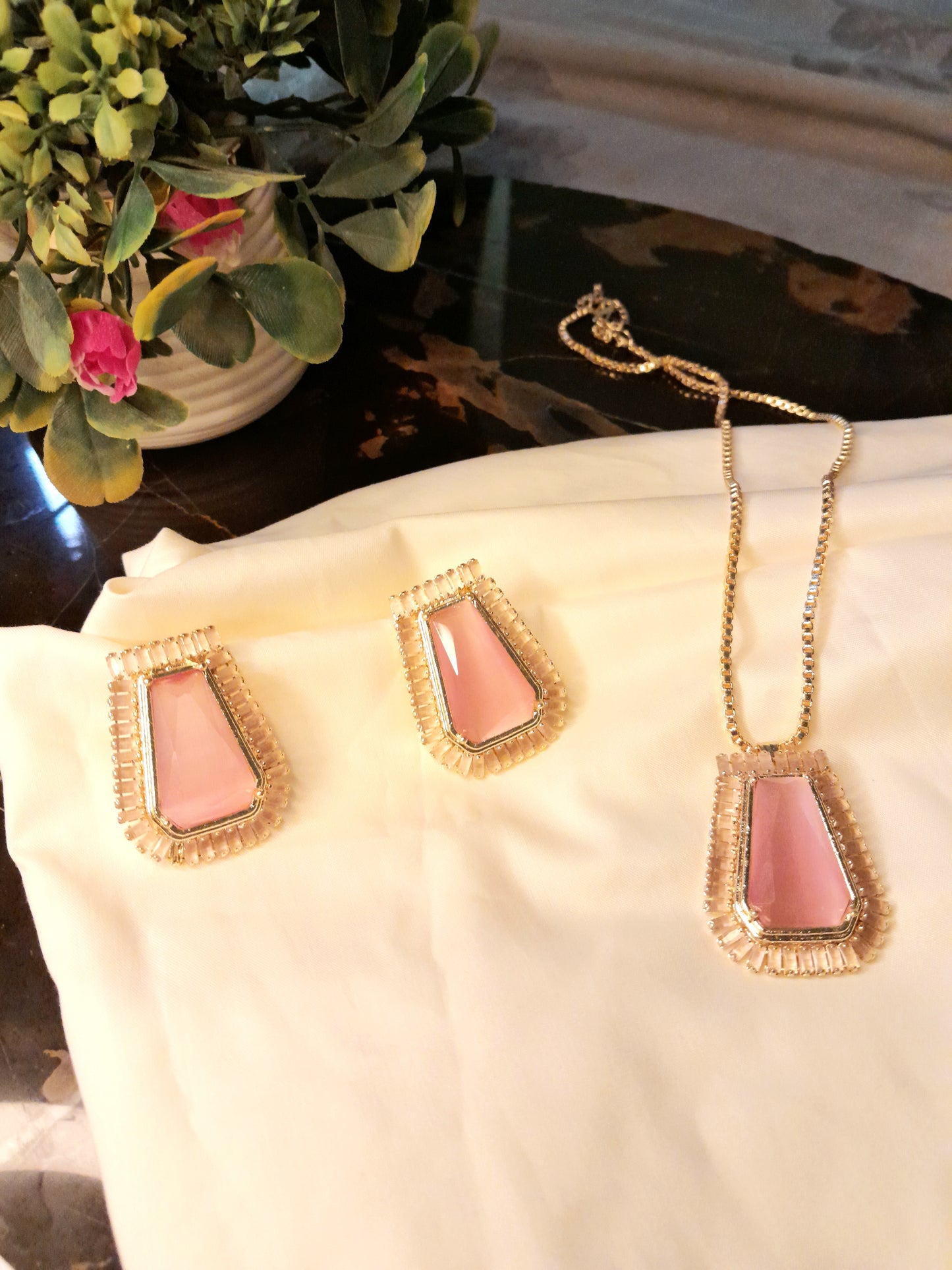 Pink Stone set Hand made 18-k Gold Plated New Design Jewelry Limited Edition